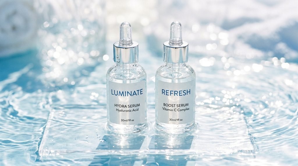 Two clear serum bottles standing together against a soft blue water reflection background.