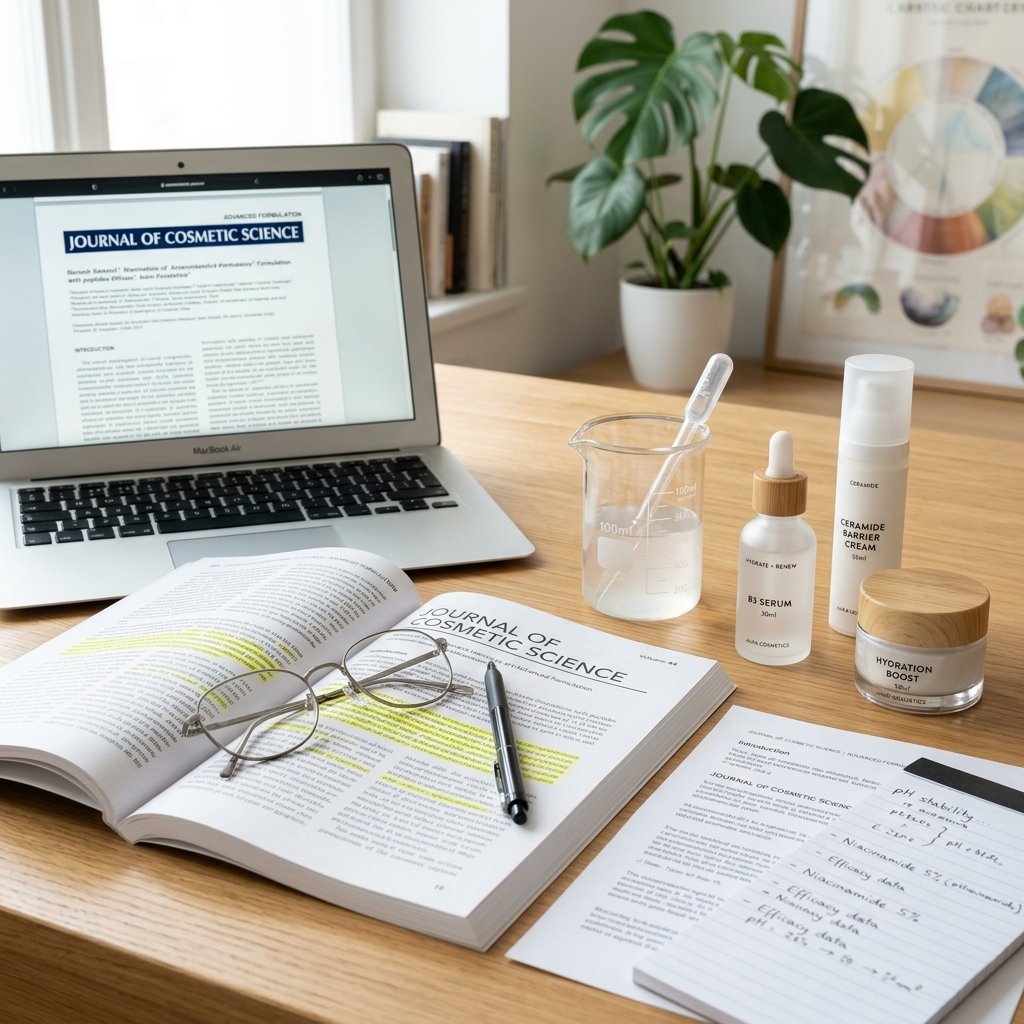 A bright workspace display showing open dermatological research papers, highlighters, a laptop, and skincare products, representing Skindepilex's goal of translating skincare science for everyday readers