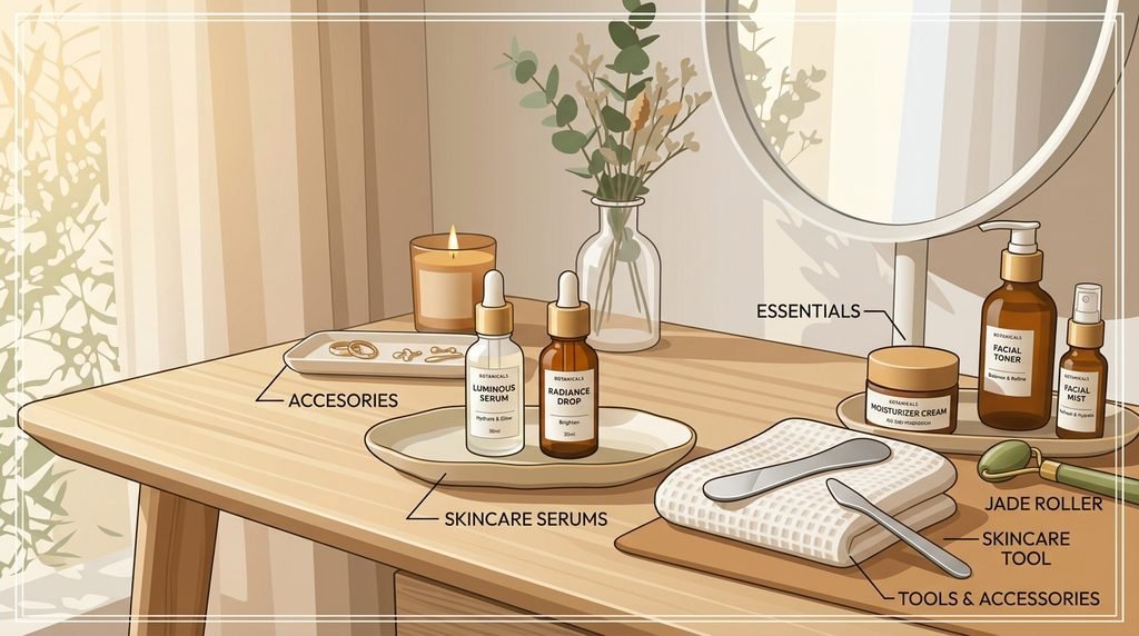 Skincare vanity setup with two serum bottles in warm morning sunlight.