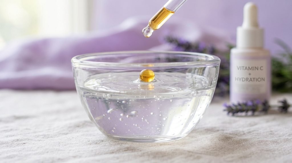 Glass bowl containing a clear serum formulation against a soft lavender background.