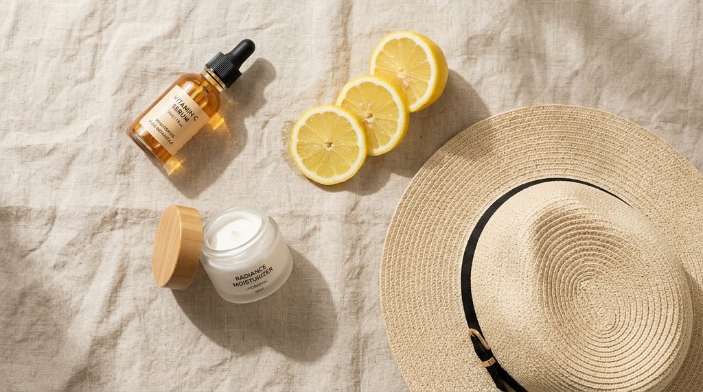 Flat lay of vitamin C serum, lemon slices, and skincare products on linen background.