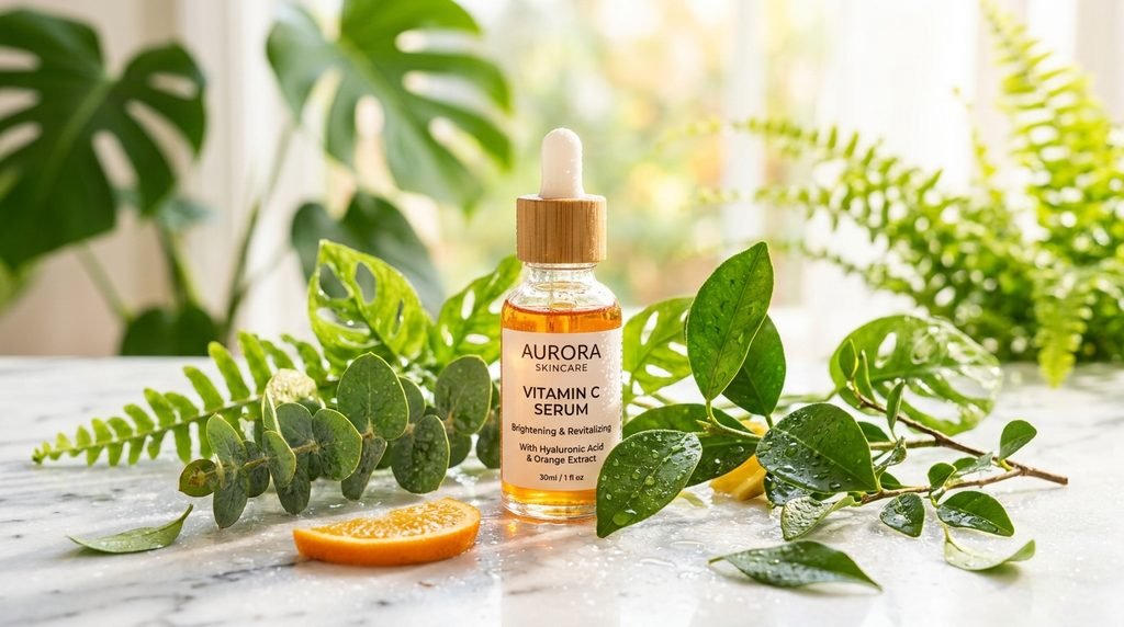 Vitamin C serum bottle surrounded by green leaves and water drops in bright light.