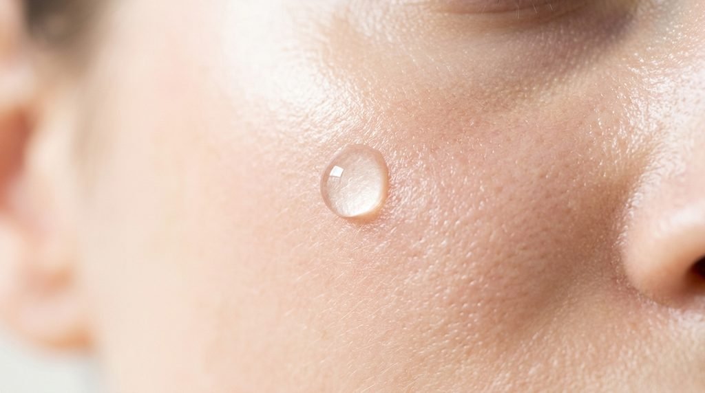 Macro photo of a clear water droplet on smooth glowing cheek skin highlighting deep moisture.