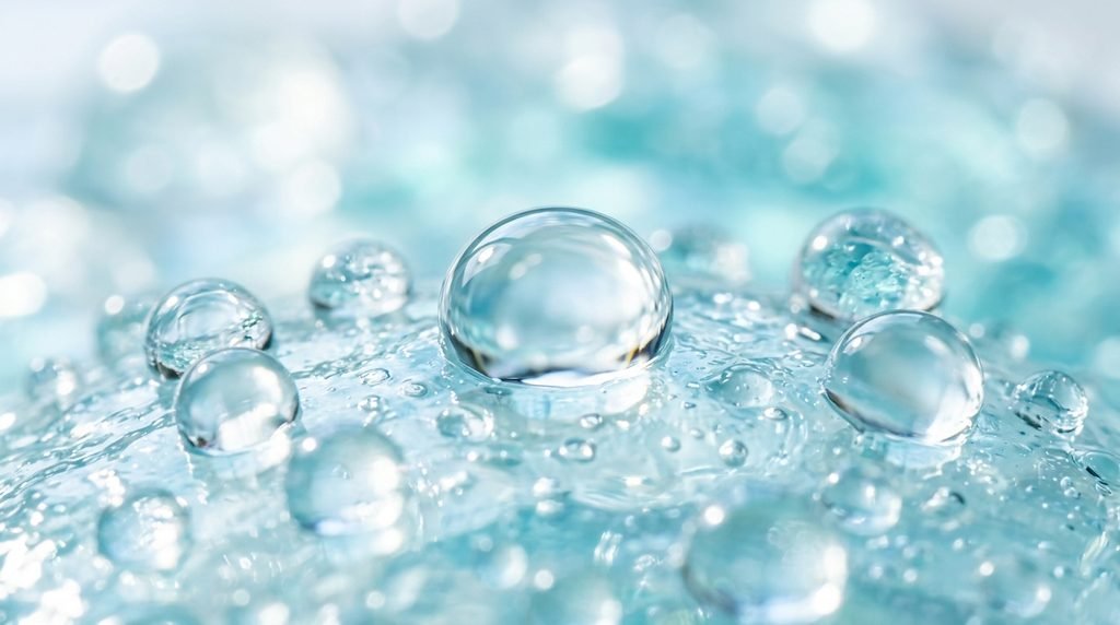 Macro view of clear water droplets resting on a hydrating gel surface.