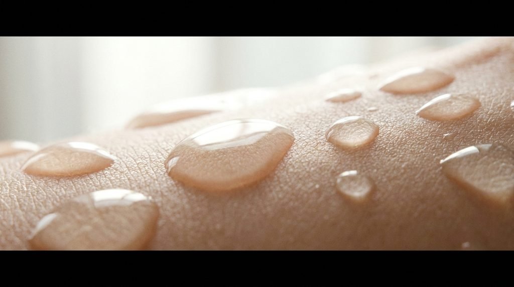 Macro view of clear hydrating serum droplets resting smoothly on glowing skin in 16:9 widescreen.