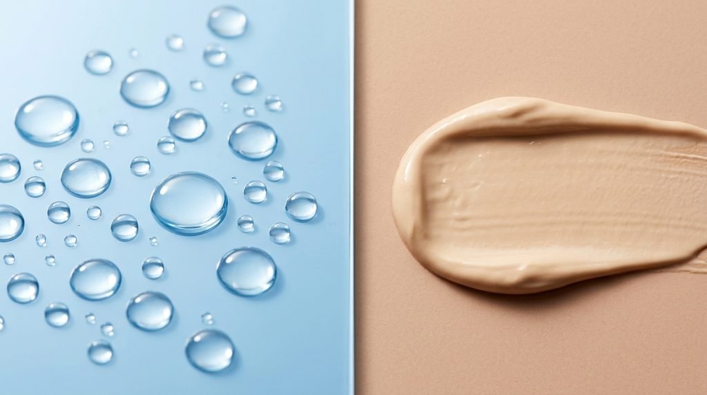 Water drops on blue glass next to a rich cream swatch on warm ceramic.