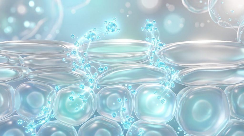 Conceptual 3D visual of clear hydrating water droplets penetrating smooth skin layers.