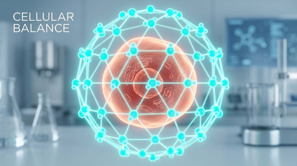 3D scientific visualization of a protective water molecule lattice surrounding a skin cell.