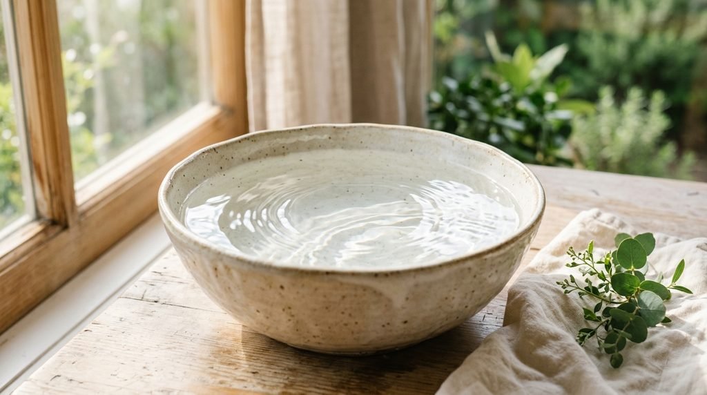 Clear water rippling in a white ceramic bowl reflecting natural sunlight.