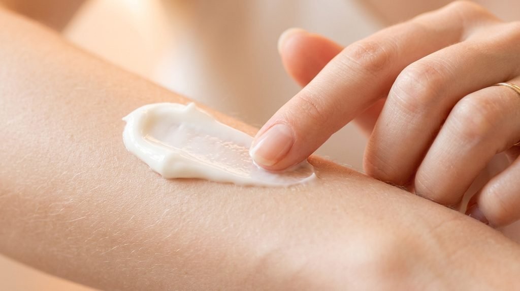 Macro close-up photo of rich white skincare cream texture swatched on skin