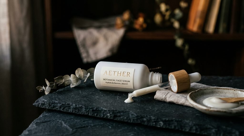 White opaque serum bottle resting on a dark stone surface in soft lighting.