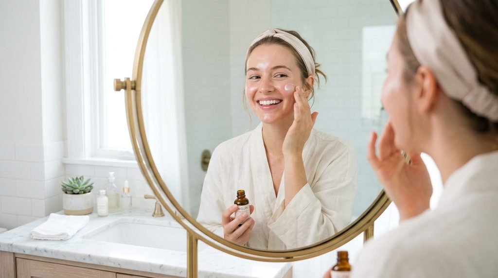 Woman applying facial moisturizer in front of a mirror in a bright bathroom.