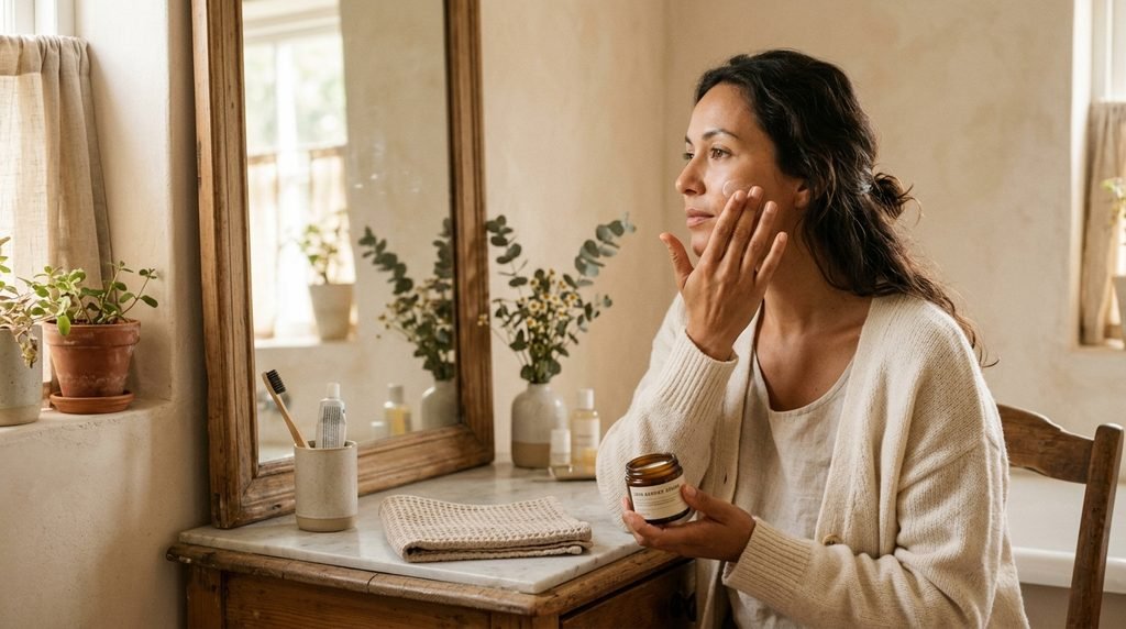 Woman gently applying a soothing facial cream while looking into a mirror.