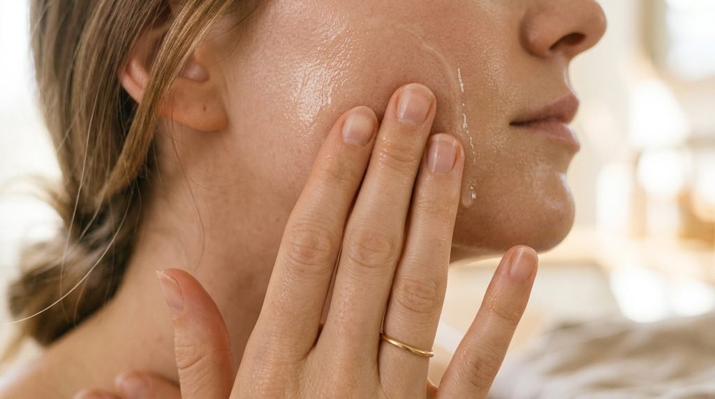 Person applying a lightweight serum to skin under soft daylight