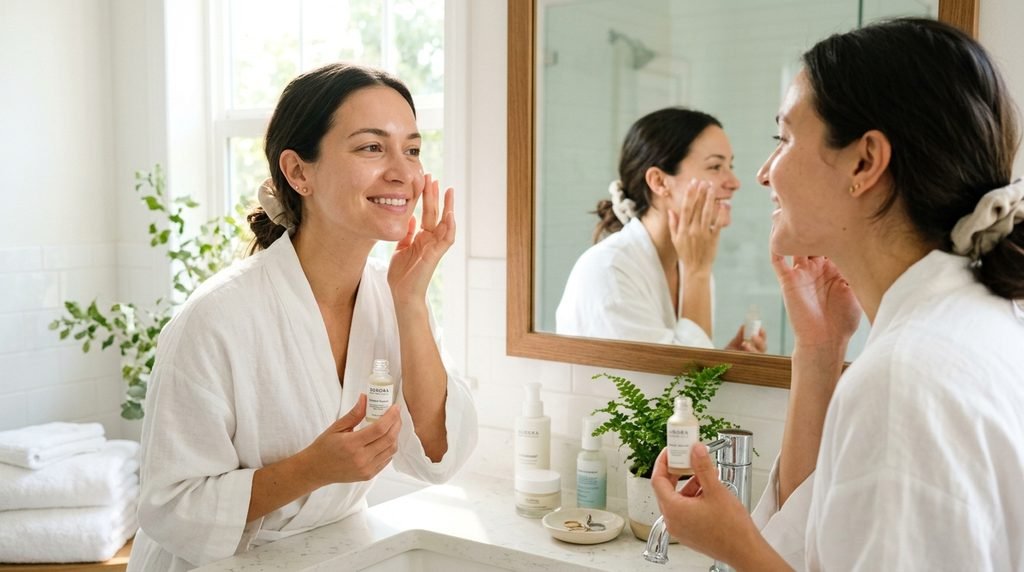 A woman calmly applying a gentle facial serum during her morning skincare routine.