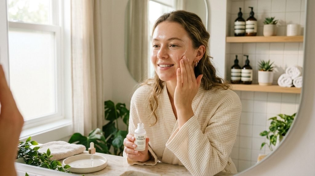 A woman applying a gentle liquid skin exfoliant to her face in a light-filled modern bathroom.