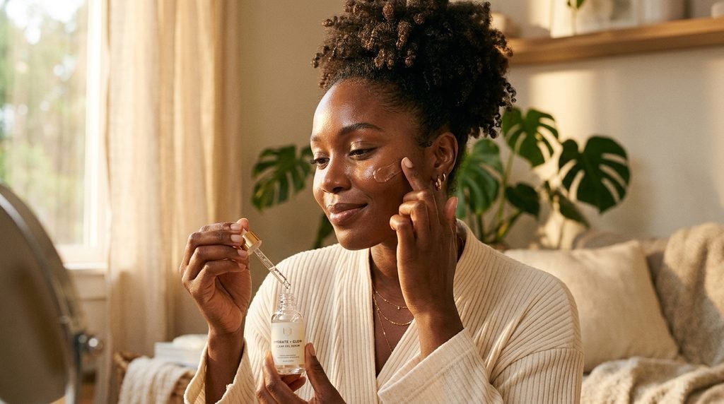 Radiant Black woman gently applying hydrating serum to her cheek in warm light.