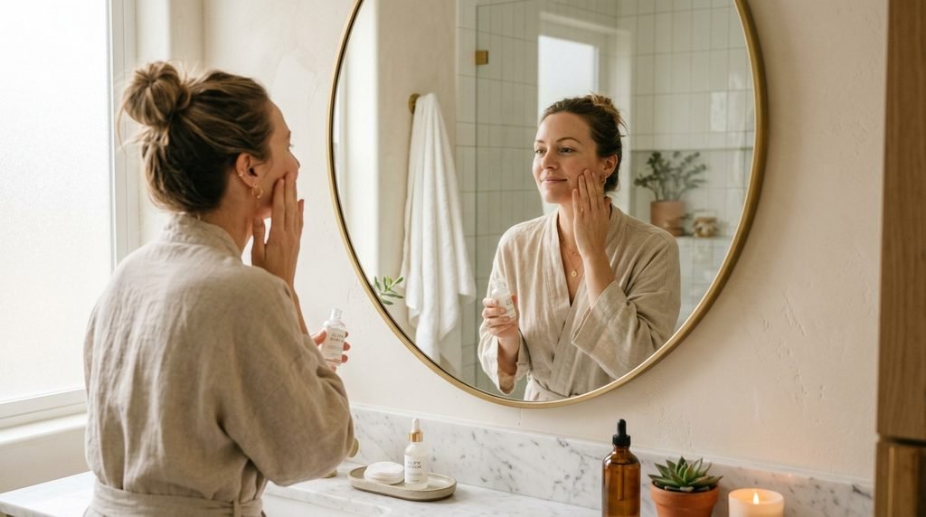 Woman applying serum to her face in front of a bathroom mirror.