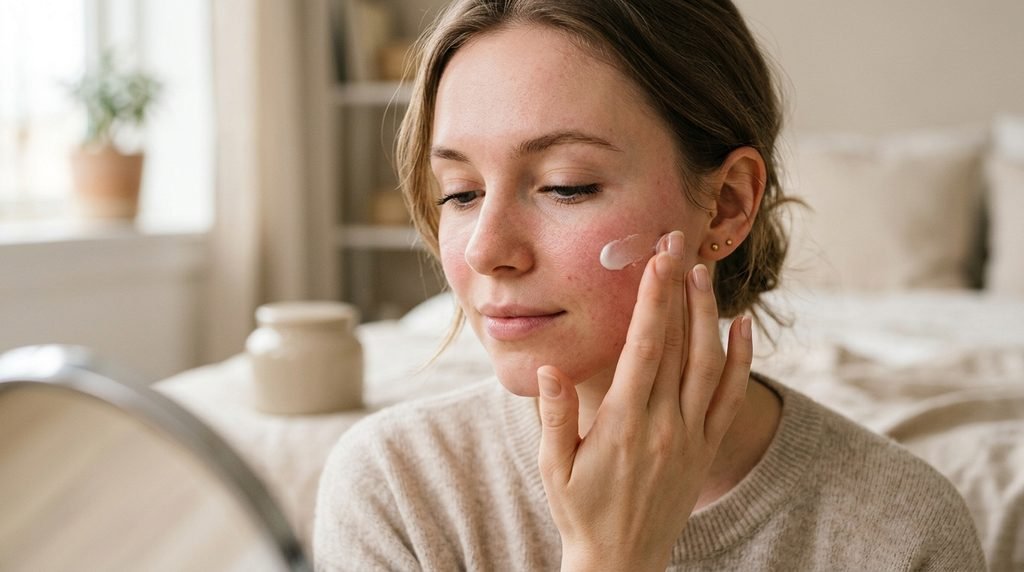 Woman gently applying a soothing cream to sensitive cheek skin.