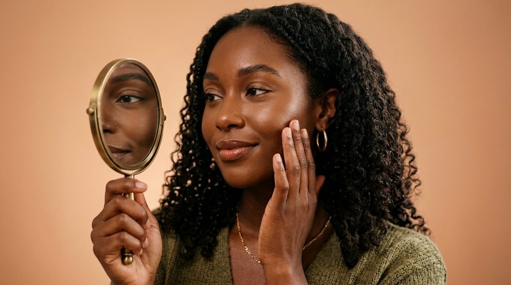 Woman with deep brown skin tone looking into a mirror in soft studio lighting.