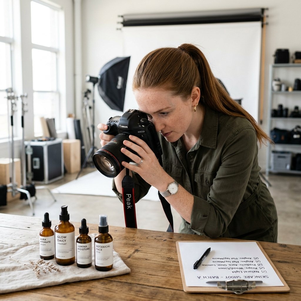 Blogger and Photographer Lucille Phillips is focused as she holds a DSLR camera, framing a shot of minimalist skincare products in a sunlit U.S. studio, emphasizing attention to detail.
