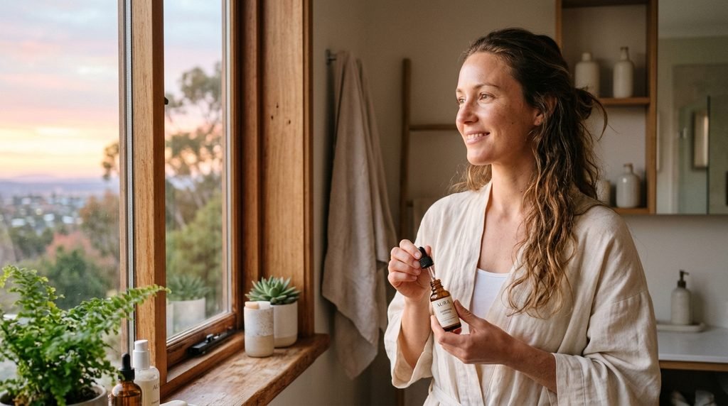 A woman holding a serum bottle near a sunny window during her morning skincare routine.