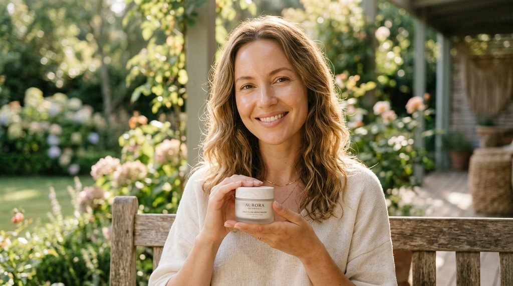 Glowing woman holding a gentle moisturizer in warm morning light.