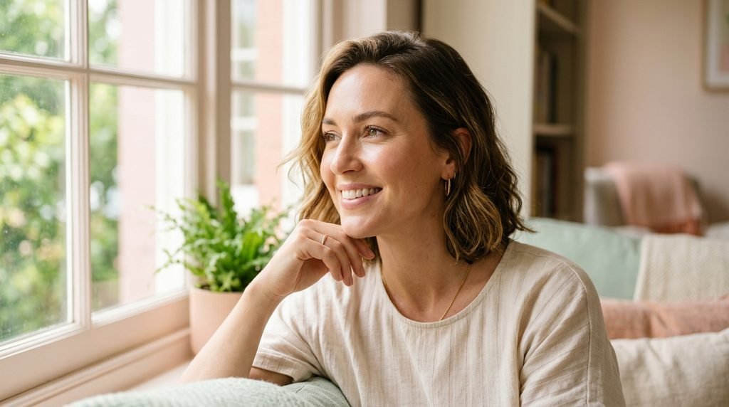 Woman with healthy radiant skin smiling near a bright window light source.