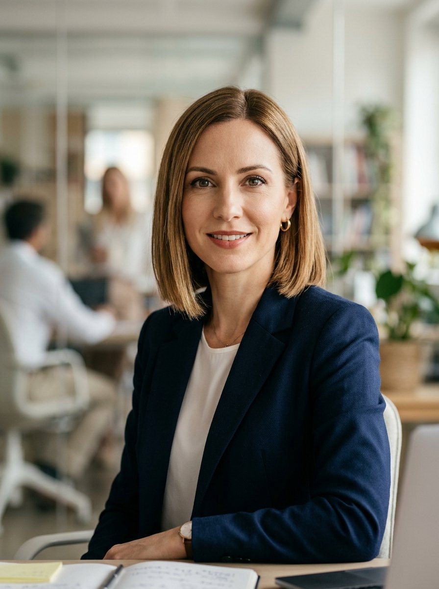 Founder and CEO Alia Jason is pictured smiling slightly in her U.S.-based home office, looking up from a desk filled with open research papers and a laptop displaying ingredient studies.