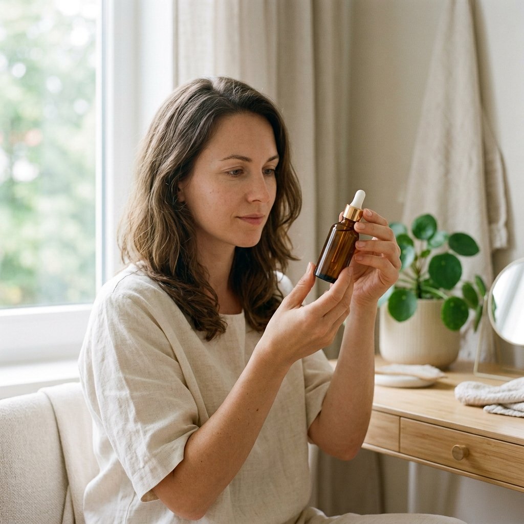 A woman reviewing the ingredient label on a skincare bottle in a brightly lit room, reflecting Skindepilex's mission to help people understand what goes into their skincare.