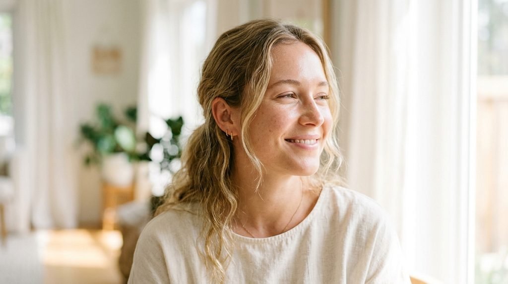 A woman showing smooth, radiant, healthy skin in soft natural lighting.