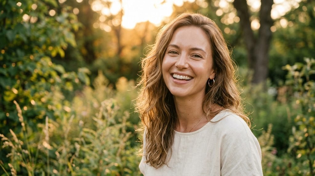 Radiant smiling woman with clear glowing skin illuminated by soft golden hour light