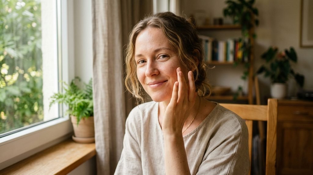 A woman with healthy, glowing skin gently resting her fingers against her cheek