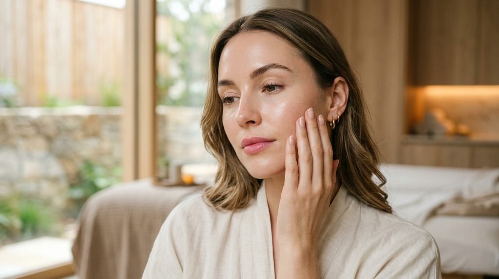 Woman touching her cheek in soft studio lighting evaluating her skin texture