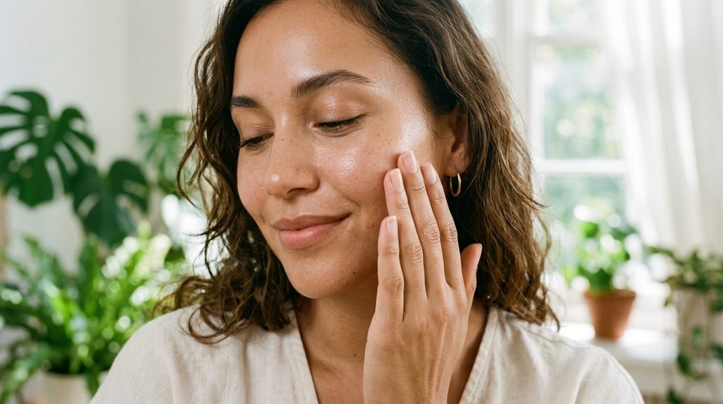 Close-up of a smiling woman touching her clear cheek in bright morning sunlight