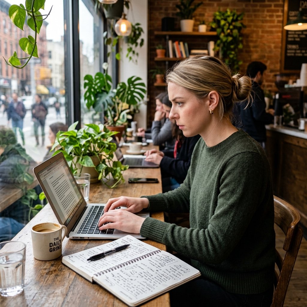 Blogger and Editor Deanne Pollock is captured in a U.S. coffee shop, intensely focused on her laptop while editing an article, with a notebook of research notes open beside her.