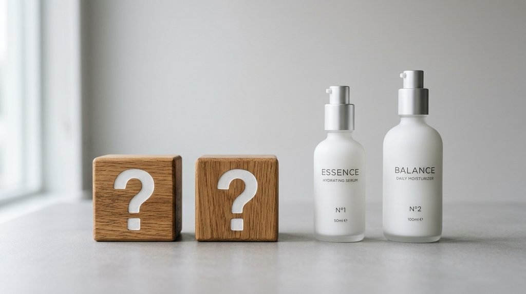 Wooden question mark blocks next to white skincare bottles on a neutral gray background.