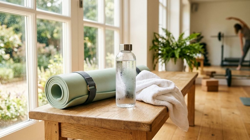 Rolled yoga mat, sweat-beaded water bottle, and towel on light wooden bench.