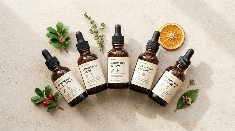 Five glass serum dropper bottles neatly arranged on a stone surface in soft sunlight, 16:9 landscape frame.