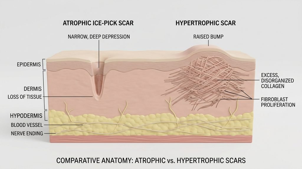 3D cross-section diagram showing indented atrophic scar vs raised hypertrophic scar tissue.