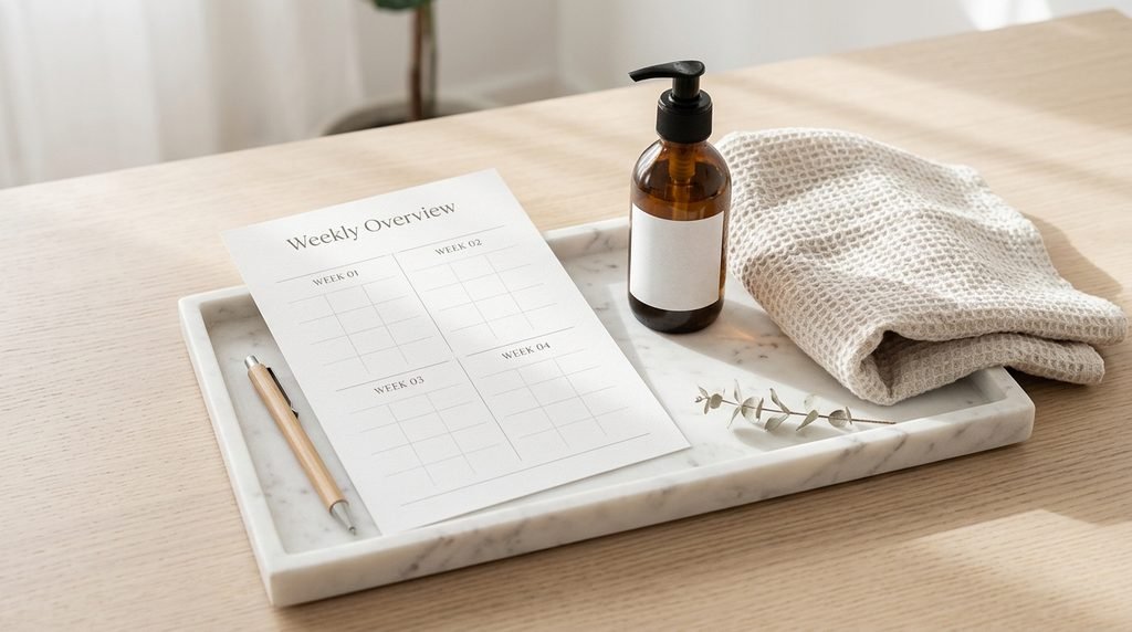Minimalist 4-week calendar layout alongside skincare products on a marble tray.