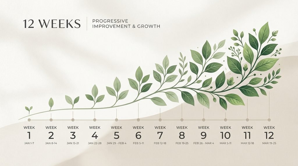 Minimalist graphic concept illustrating patience and timeline progression over twelve weeks.