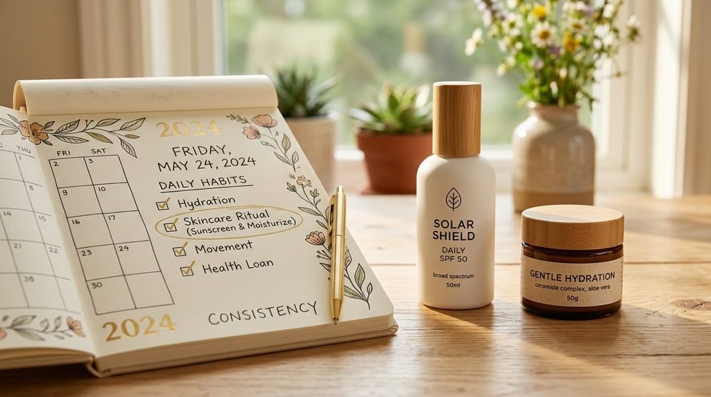 Minimalist calendar pad and sunscreen tube on a wooden desk bathed in morning light.