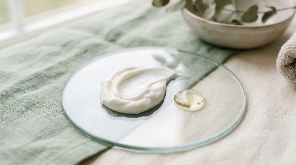 Soothing white ceramide cream texture on a glass plate for sensitive skin care.