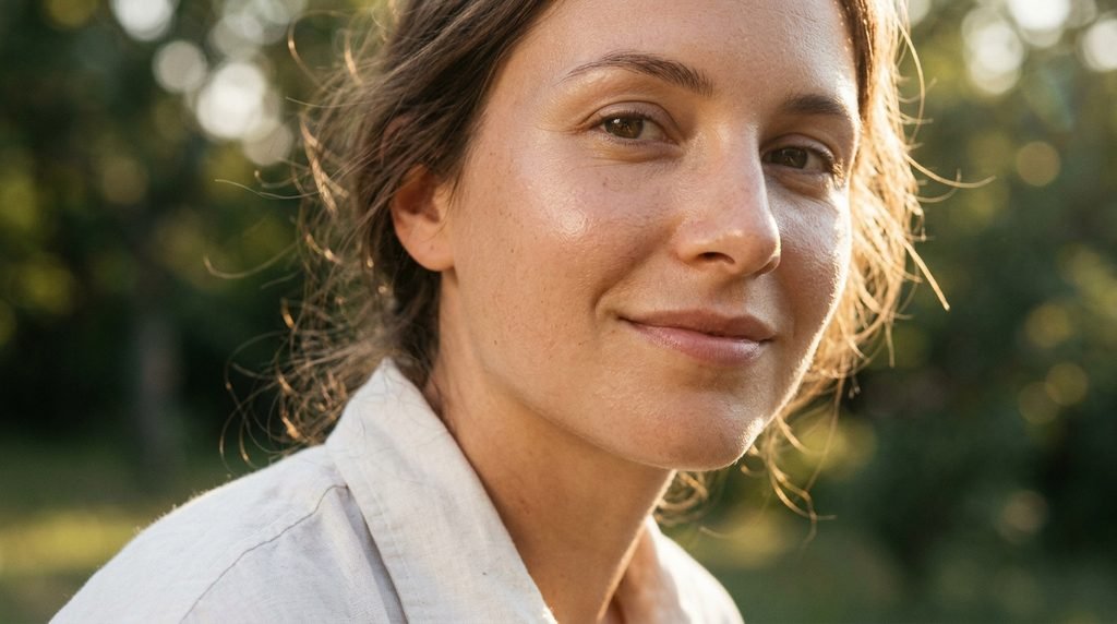 Close-up of a glowing, smooth facial skin texture in natural daylight.