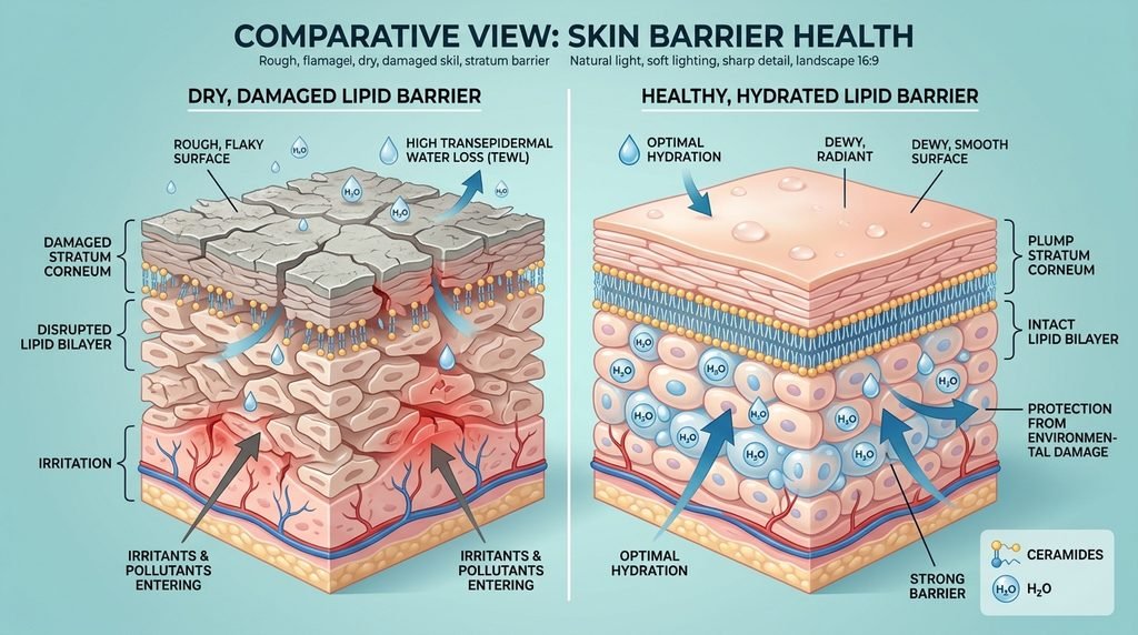 Conceptual diagram contrasting a damaged dry skin barrier against a hydrated intact skin barrier.
