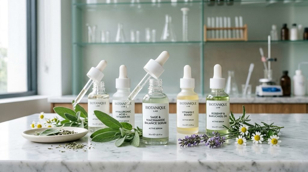 Cosmetic glass dropper bottles with clear liquid serums arranged on a clean marble countertop.
