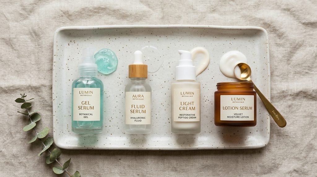 Four different skincare liquid textures displayed side-by-side on a ceramic plate
