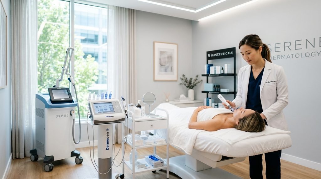 Modern bright dermatology treatment room with professional skin resurfacing equipment.