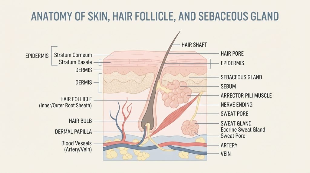 Educational diagram showing hair follicle, sebaceous gland, and skin layer structure